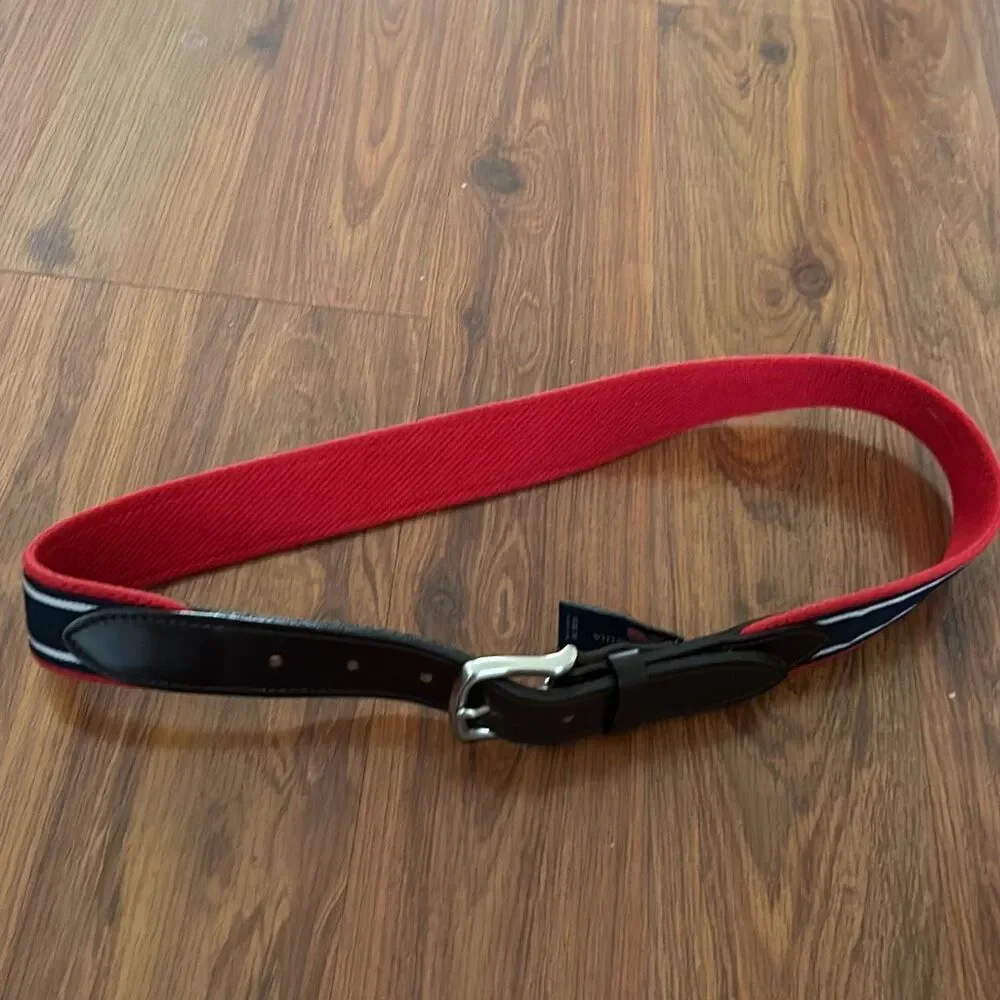 Vineyard Vines leather webbing and fabric belt 30 nautical red white blue